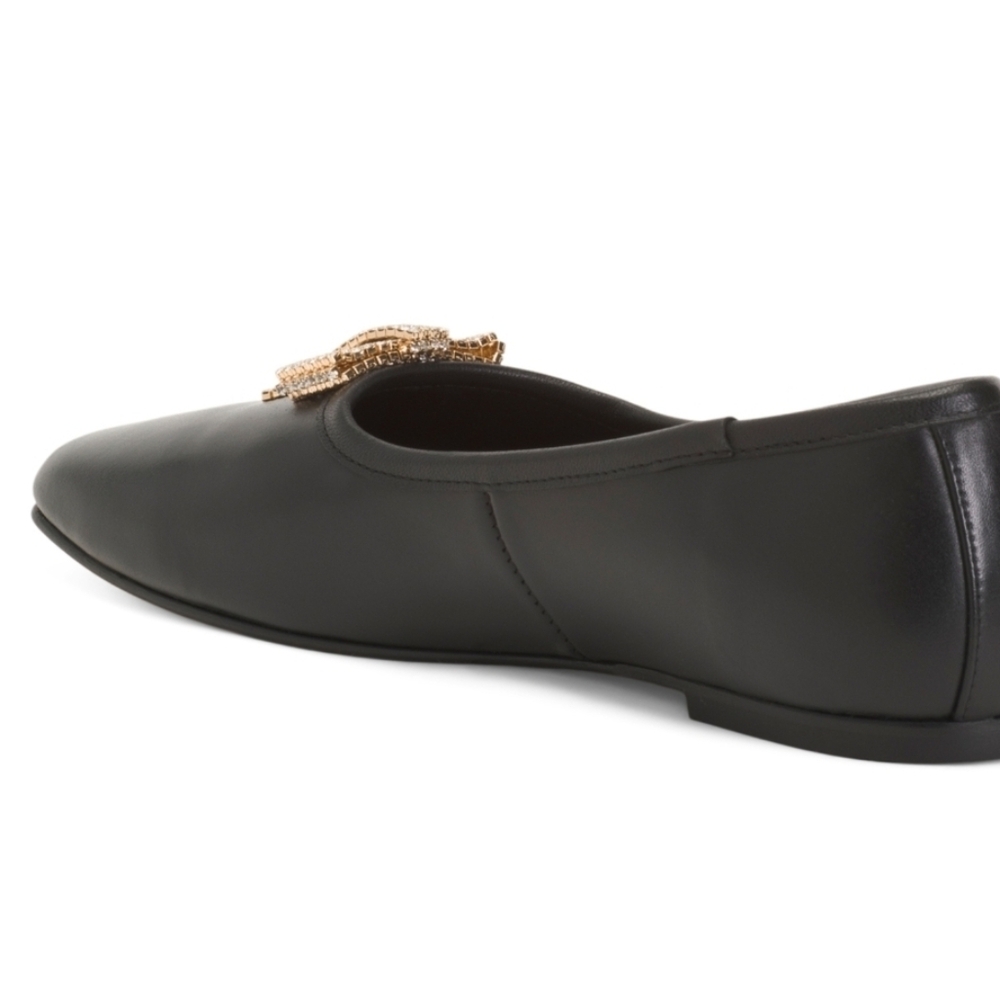 🖤🔹️Freda Salvador🔹️ Black Leather Ballet Flats with Crystal Gold Bow - Picture 2 of 3